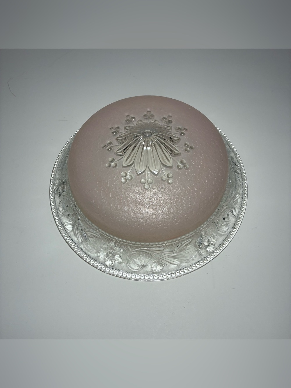 Vintage Pink Frosted & Clear Pressed-Glass Flush Mount Ceiling Light Shade